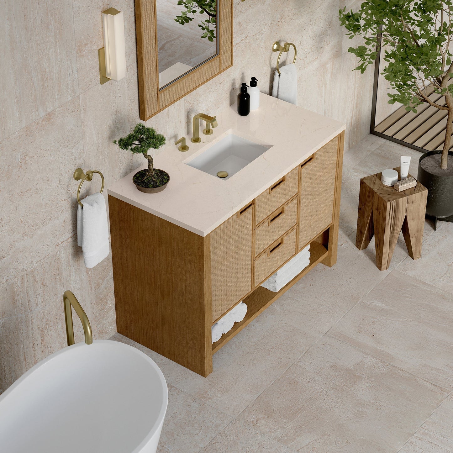 
                  
                    Solene 48" Single Vanity in Seaside Oak Single Bathroom Vanity James Martin Vanities Eternal Marfil Silestone 
                  
                