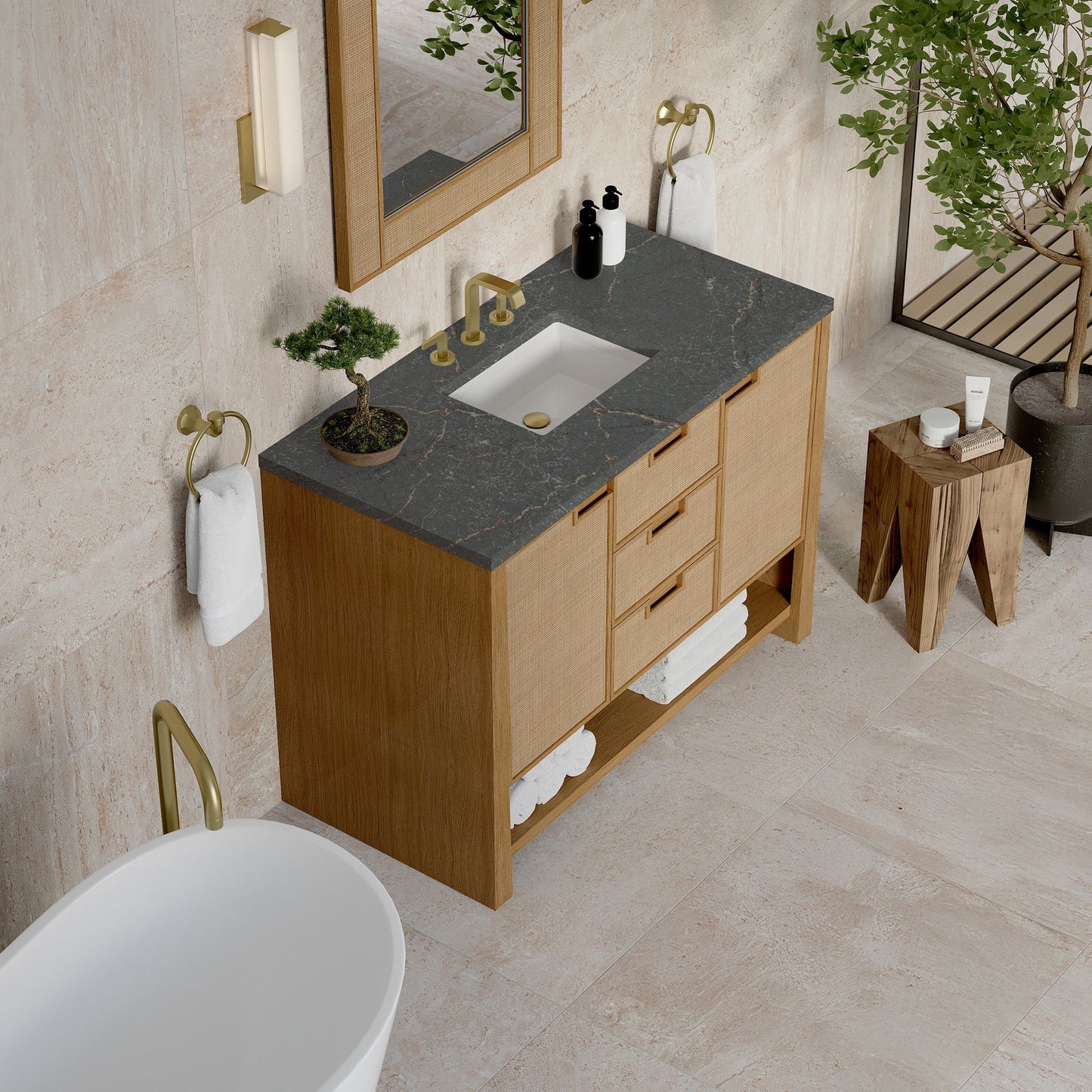 
                  
                    Solene 48" Single Vanity in Seaside Oak Single Bathroom Vanity James Martin Vanities Parisien Bleu Silestone 
                  
                