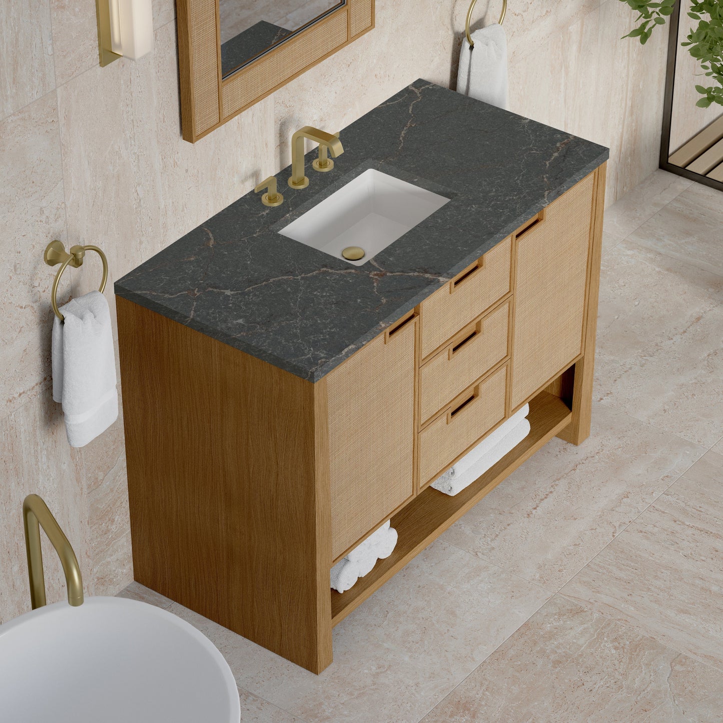 
                  
                    Solene 48" Single Vanity in Seaside Oak Single Bathroom Vanity James Martin Vanities Parisien Bleu Silestone 
                  
                