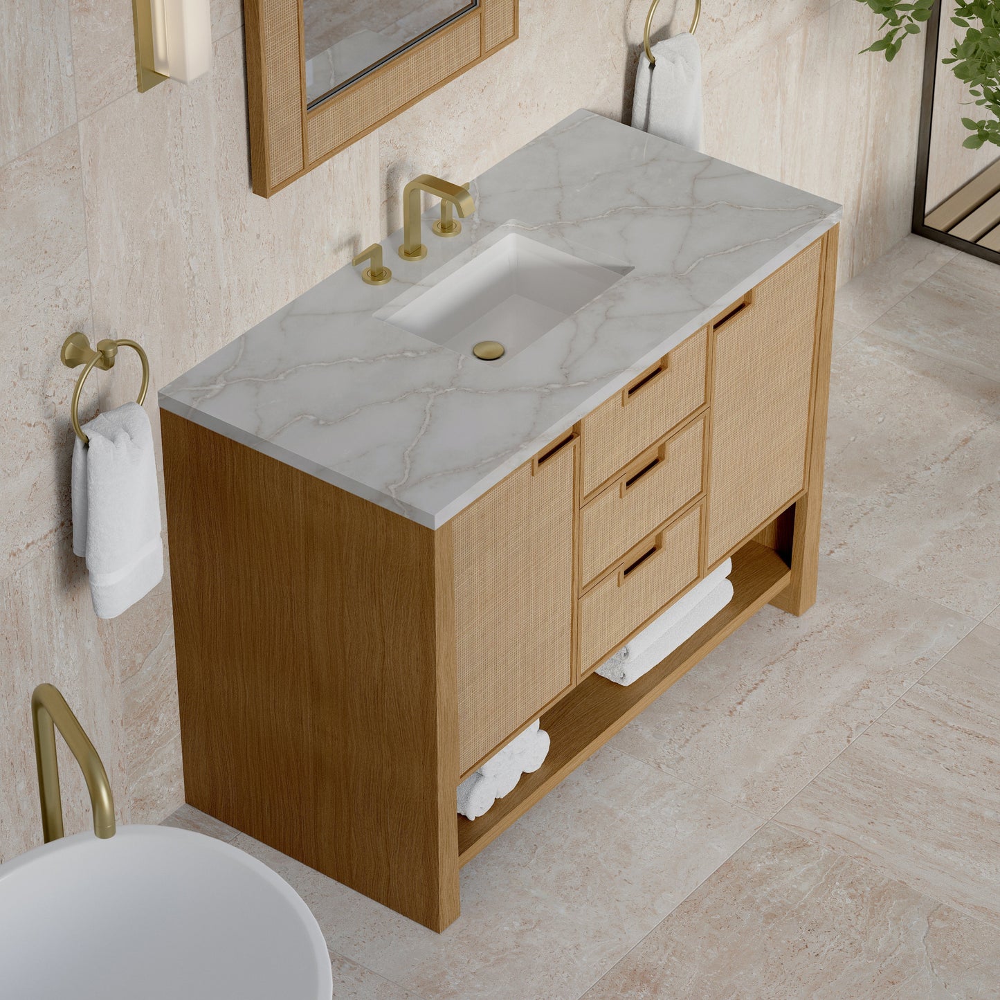 
                  
                    Solene 48" Single Vanity in Seaside Oak Single Bathroom Vanity James Martin Vanities Victorian Silver Silestone 
                  
                