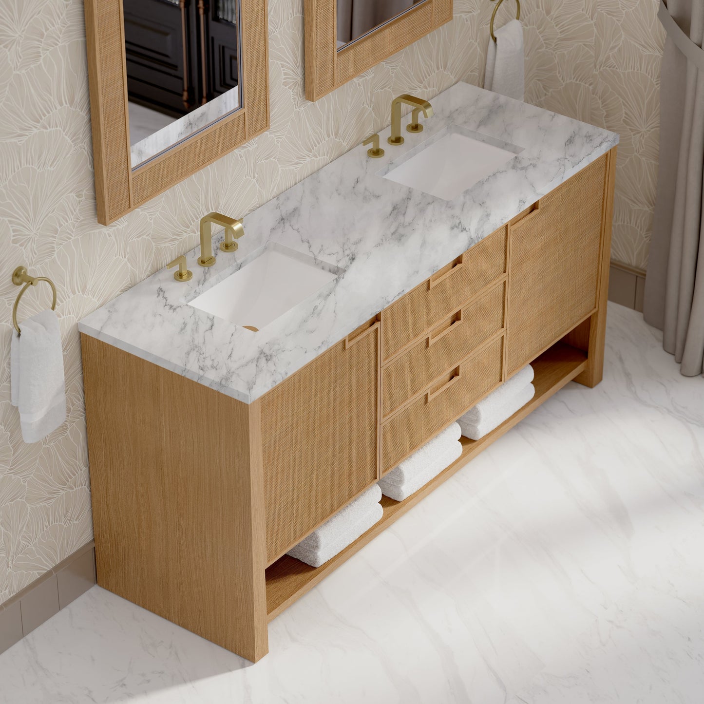 
                  
                    Solene 72" Double Vanity in Seaside Oak Double Bathroom Vanity James Martin Vanities Carrara White Marble 
                  
                