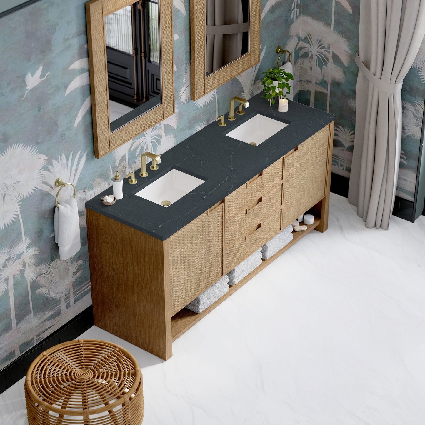 
                  
                    Solene 72" Double Vanity in Seaside Oak Double Bathroom Vanity James Martin Vanities Charcoal Soapstone Silestone 
                  
                