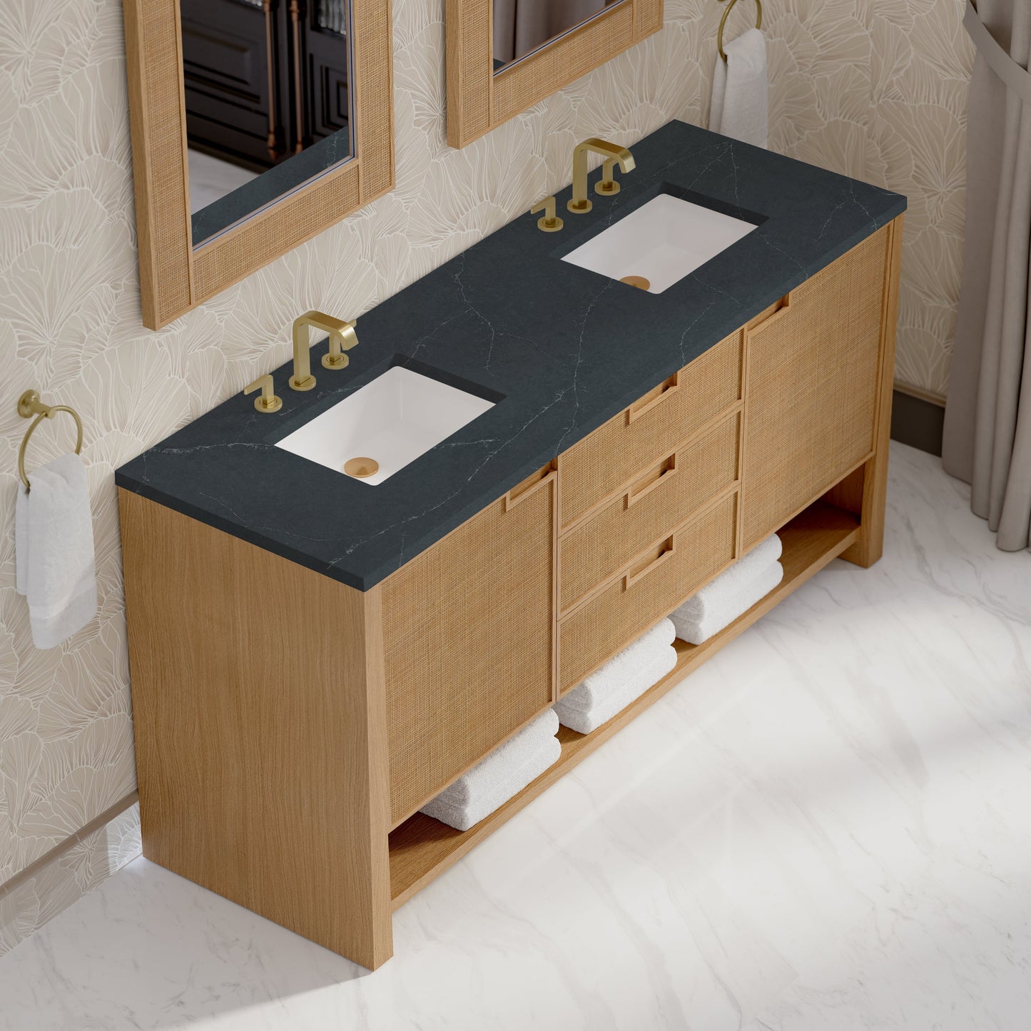
                  
                    Solene 72" Double Vanity in Seaside Oak Double Bathroom Vanity James Martin Vanities Charcoal Soapstone Silestone 
                  
                