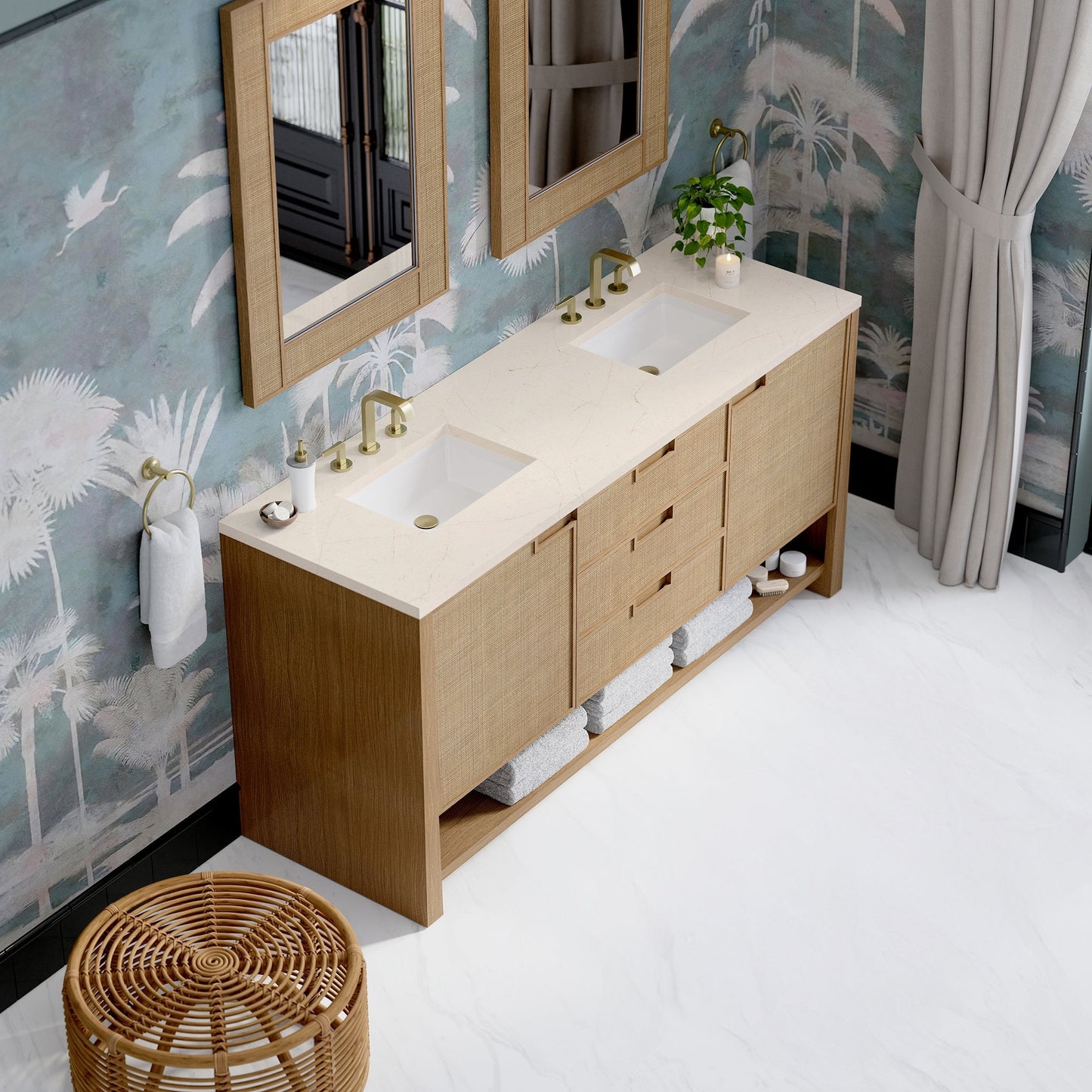 
                  
                    Solene 72" Double Vanity in Seaside Oak Double Bathroom Vanity James Martin Vanities Eternal Marfil Silestone 
                  
                