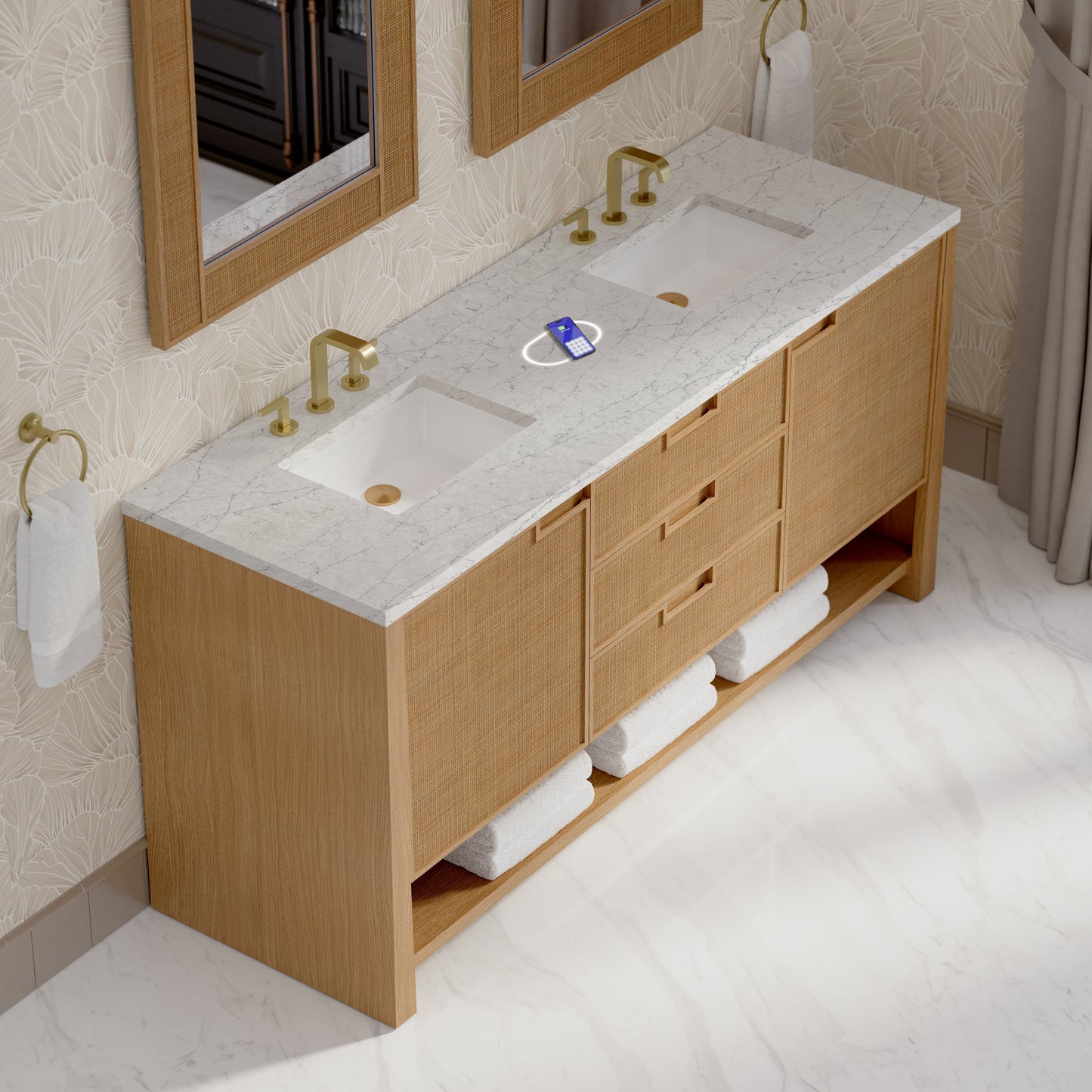 
                  
                    Solene 72" Double Vanity in Seaside Oak Double Bathroom Vanity James Martin Vanities FreePower-Enabled Eternal Jasmine Silestone 
                  
                