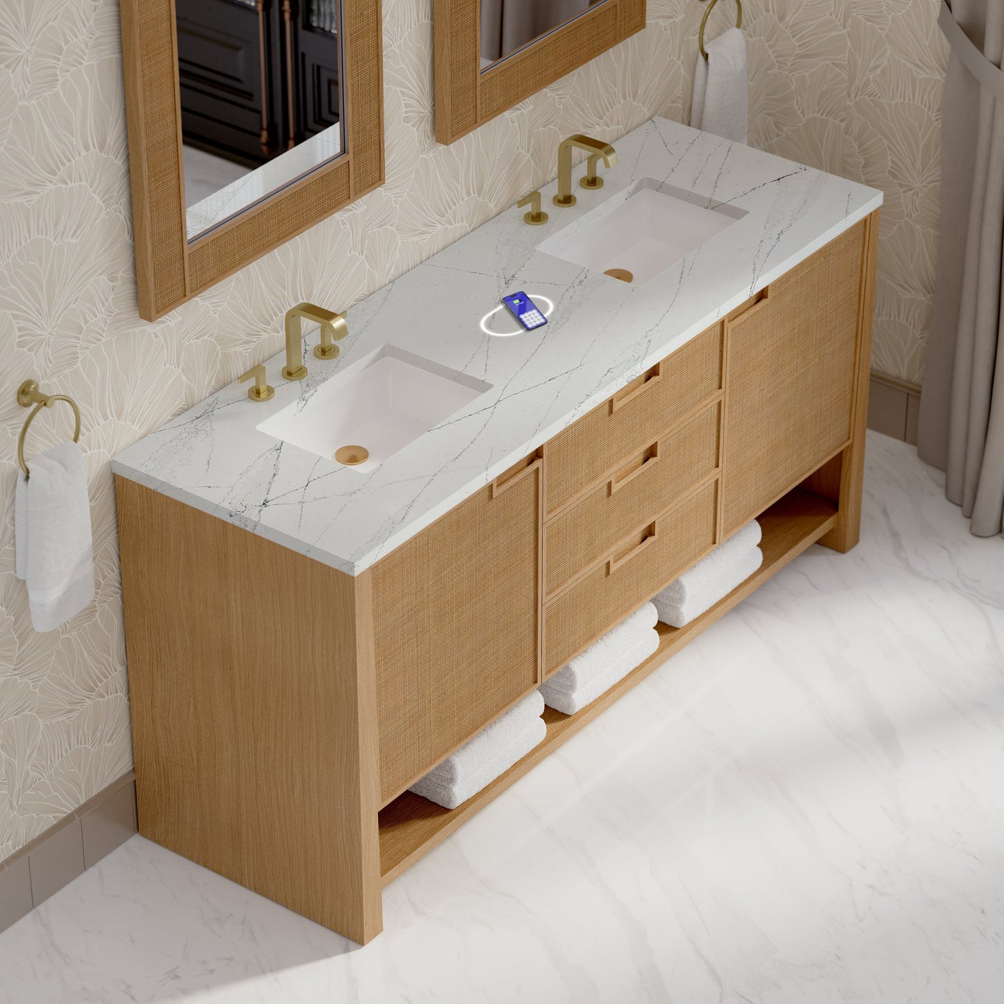
                  
                    Solene 72" Double Vanity in Seaside Oak Double Bathroom Vanity James Martin Vanities FreePower-Enabled Ethereal Noctis Silestone 
                  
                