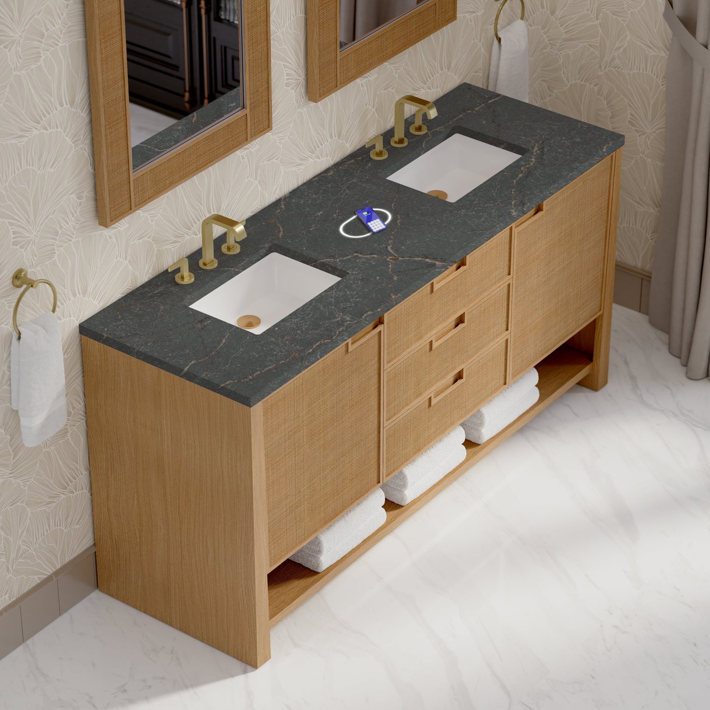 
                  
                    Solene 72" Double Vanity in Seaside Oak Double Bathroom Vanity James Martin Vanities FreePower-Enabled Parisien Bleu 
                  
                