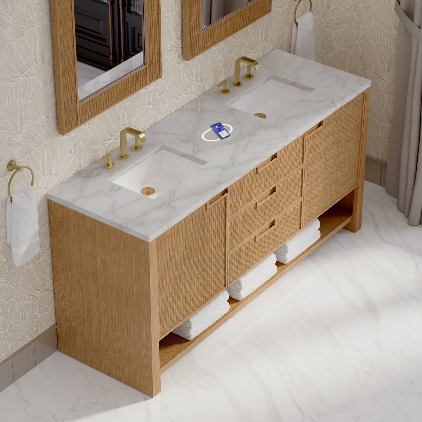 
                  
                    Solene 72" Double Vanity in Seaside Oak Double Bathroom Vanity James Martin Vanities FreePower-Enabled Victorian Silver Silestone 
                  
                