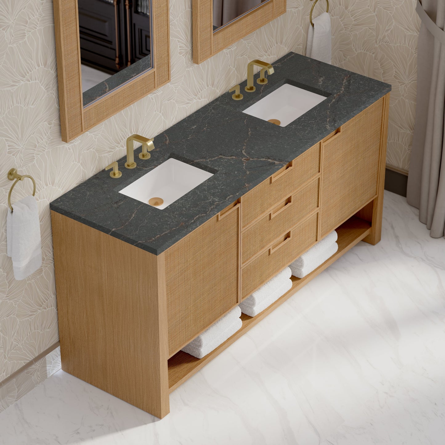 
                  
                    Solene 72" Double Vanity in Seaside Oak Double Bathroom Vanity James Martin Vanities Parisien Bleu Silestone 
                  
                