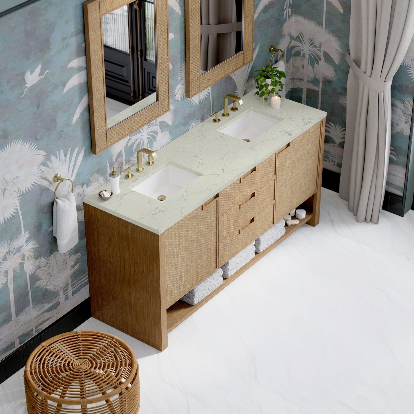 
                  
                    Solene 72" Double Vanity in Seaside Oak Double Bathroom Vanity James Martin Vanities Victorian Silver Silestone 
                  
                