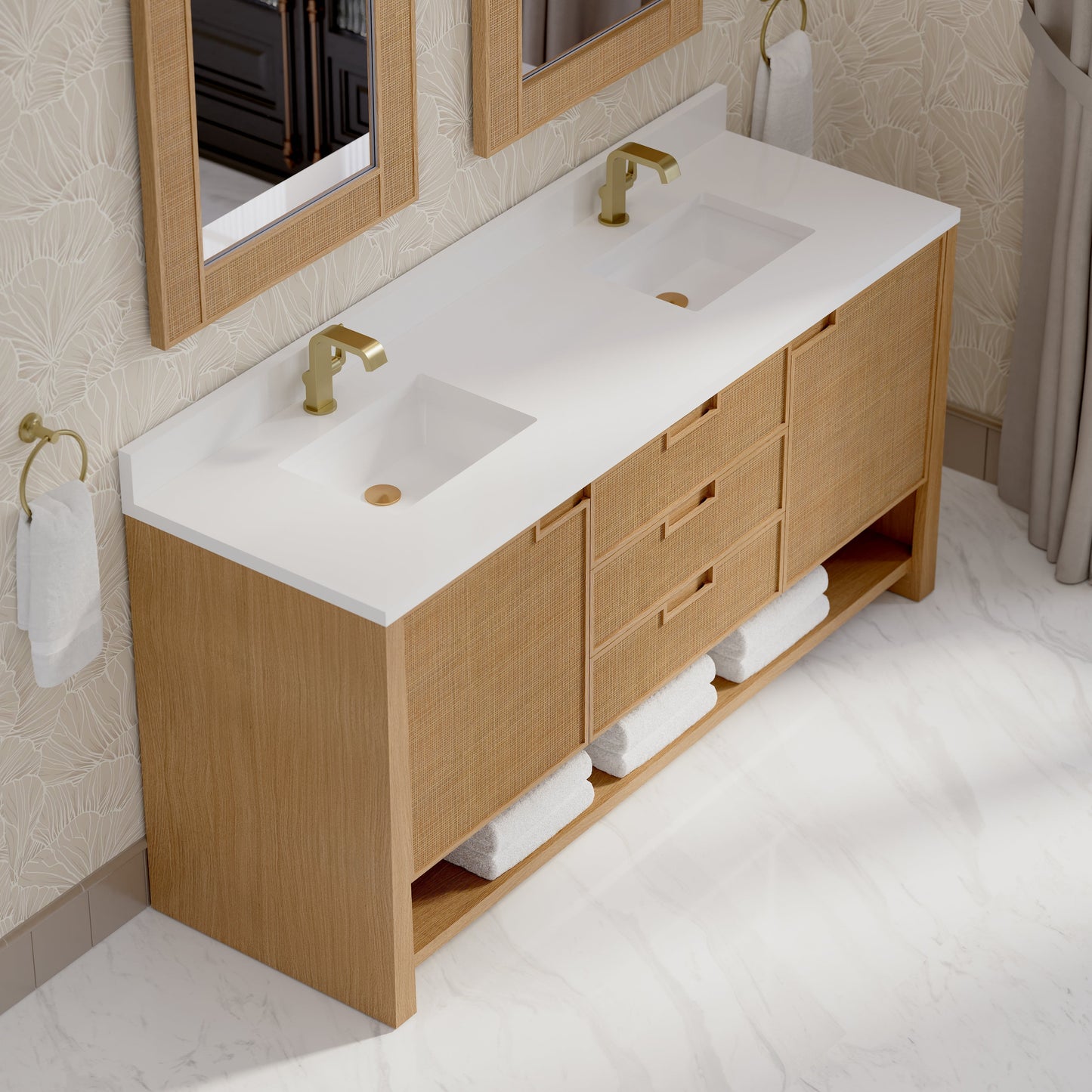 
                  
                    Solene 72" Double Vanity in Seaside Oak Double Bathroom Vanity James Martin Vanities White Zeus Single Hole Faucet Silestone w/Backsplash 
                  
                