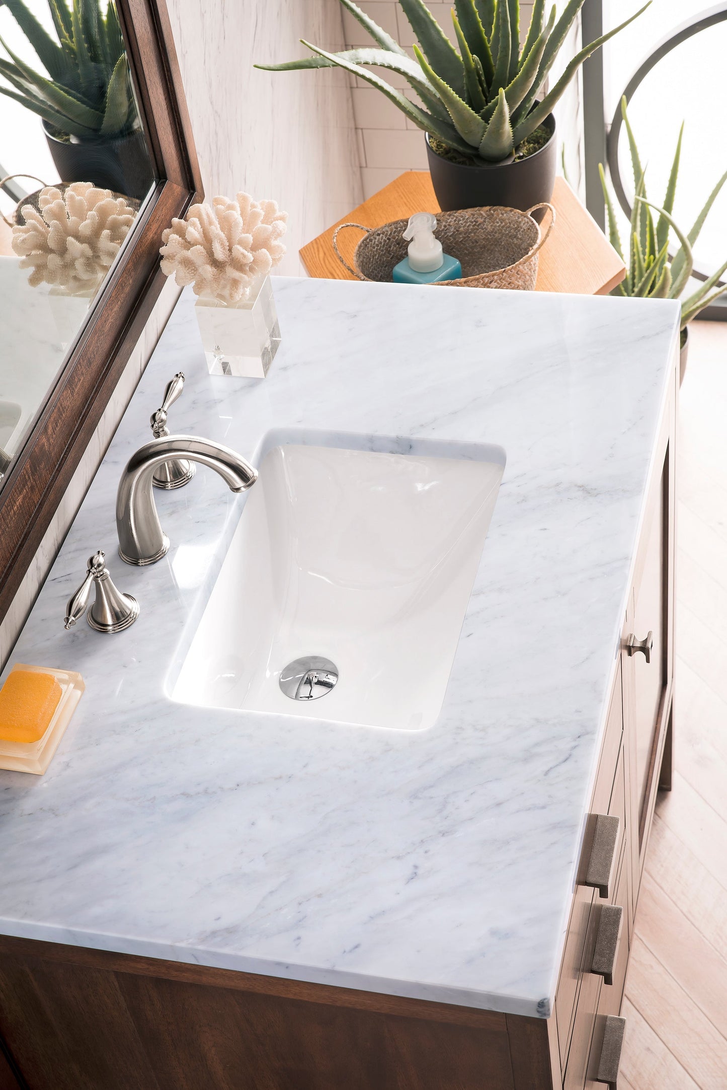 
                  
                    Addison 36" Single Vanity Cabinet Single Bathroom Vanity James Martin Vanities Mid-Century Acacia Carrara White Marble 
                  
                