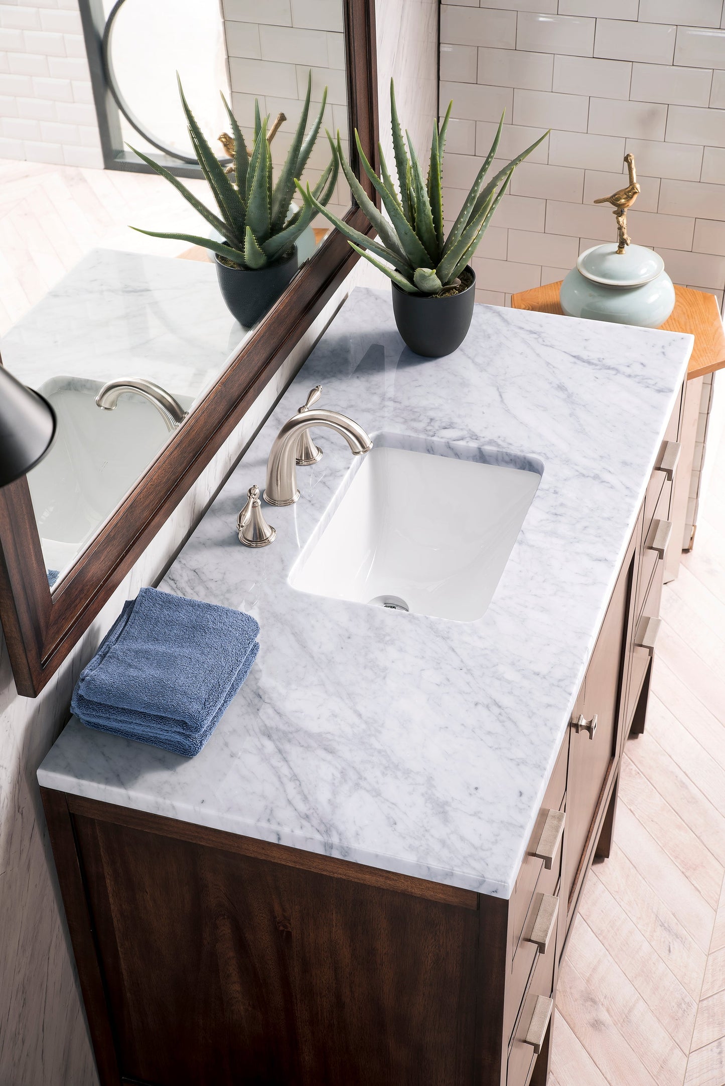 
                  
                    Addison 48" Single Vanity Cabinet Single Bathroom Vanity James Martin Vanities Mid-Century Acacia Carrara White Marble 
                  
                