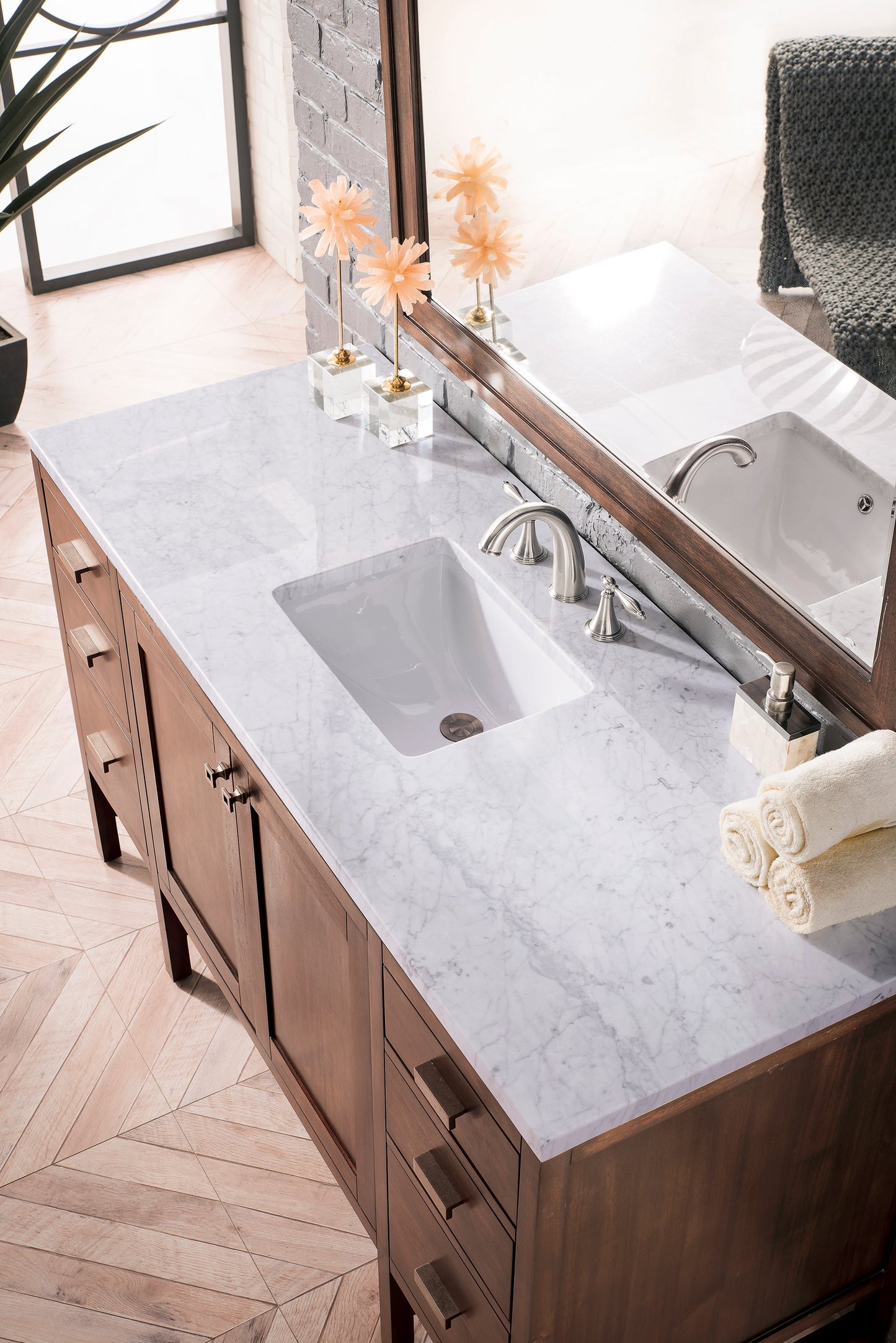 
                  
                    Addison 60" Single Vanity Cabinet Single Bathroom Vanity James Martin Vanities Mid-Century Acacia Carrara White Marble 
                  
                
