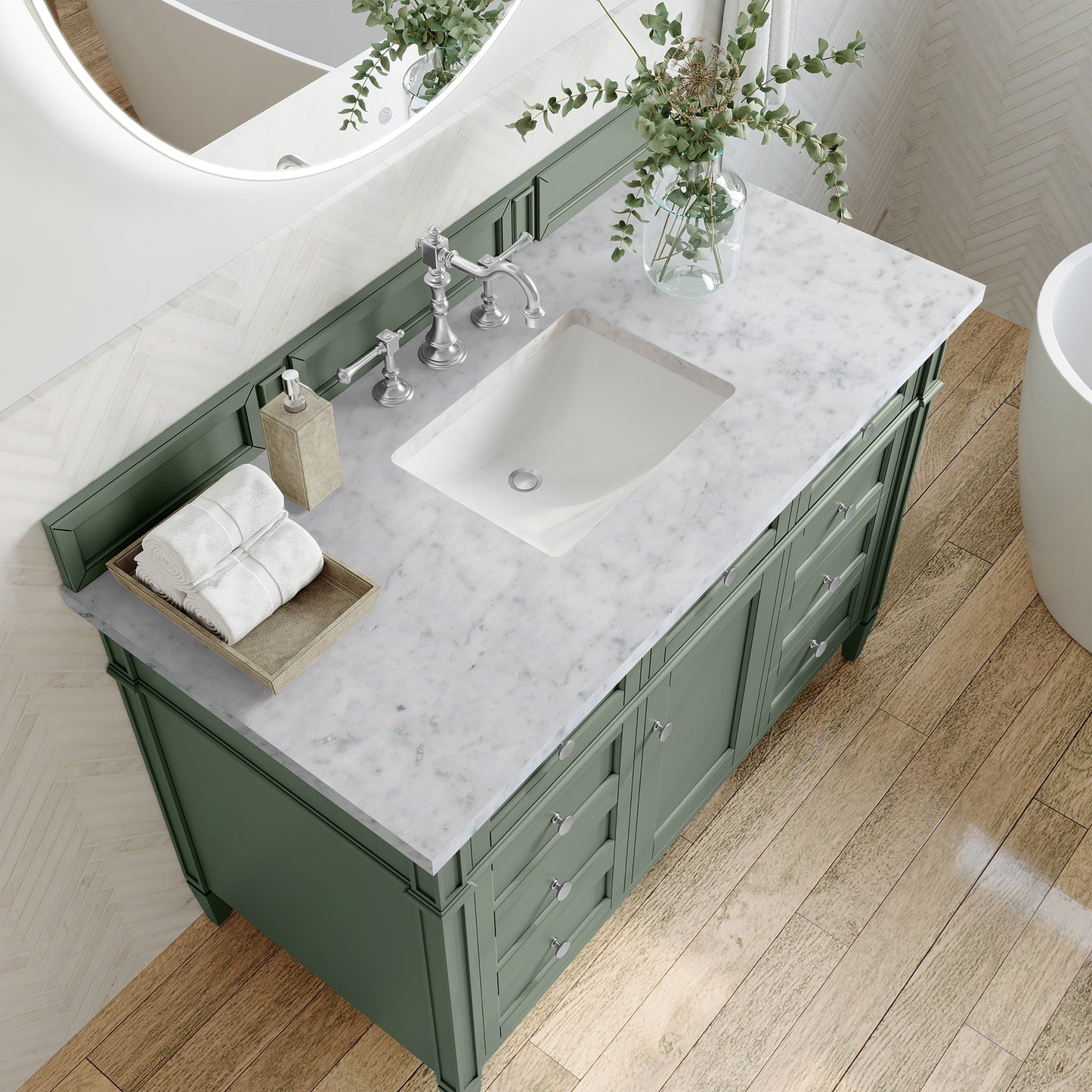 
                  
                    Brittany 48" Single Bathroom Vanity in Smokey Celadon Single Bathroom Vanity James Martin Vanities Carrara White Marble 
                  
                