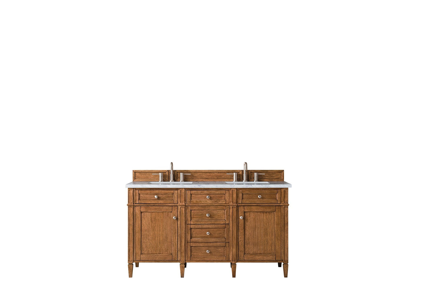 
                  
                    Brittany 60" Double Vanity Cabinet in Saddle Brown Double Bathroom Vanity James Martin Vanities Carrara White Marble 
                  
                
