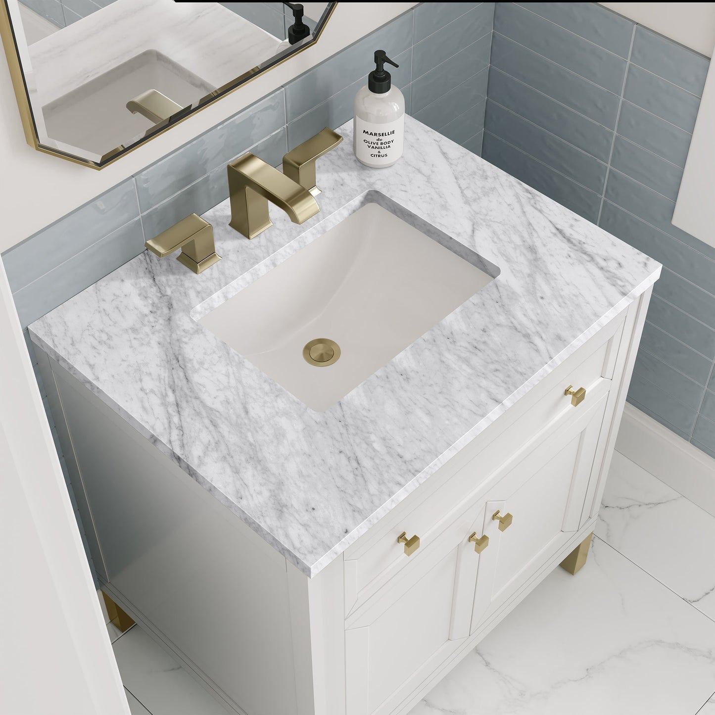
                  
                    Chicago 30" Single Vanity in Glossy White James Martin Vanities Carrara White Marble 
                  
                